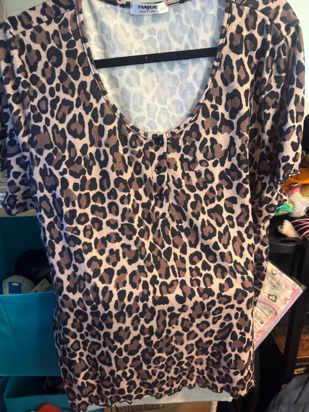 Women’s Leopard Print Short Sleeve Top - Beige/Black